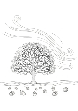 A peaceful outdoor scene with a silhouette of a leafless tree, scattered acorns on the ground, and a gentle breeze illustrated through swirling lines.