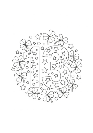 A festive illustration featuring the number 13 surrounded by lucky clovers, stars, and playful patterns.