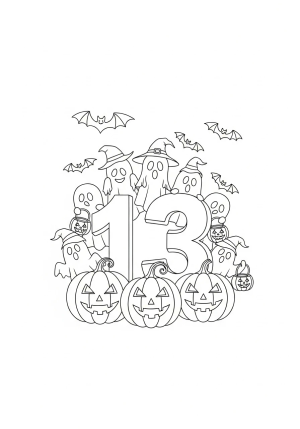 A whimsical scene with the number 13 integrated into a spooky yet fun Halloween-themed setting with pumpkins, bats, and ghosts.