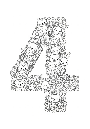 A playful scene of a number 4 shaped flower garden with smiling animals exploring among the blooms