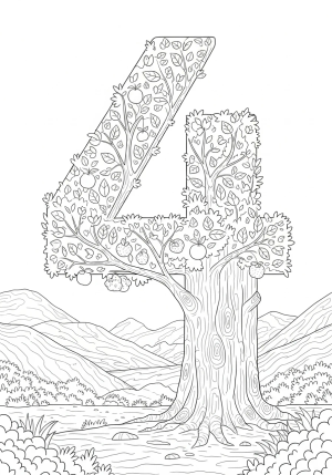 An adventurous landscape featuring a towering number 4 tree with branches full of leaves and hanging fruits