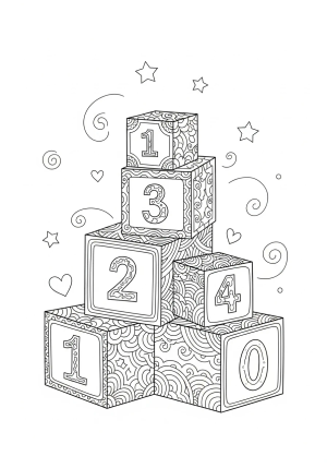 A whimsical scene featuring numbered blocks stacked playfully with playful patterns and fun shapes around them