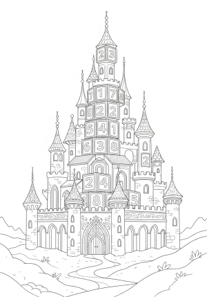 An imaginative landscape where number blocks are integrated into a fantasy castle, with decorative details and intricate designs