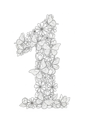 A playful scene with a number one composed of flowers and butterflies intertwined.