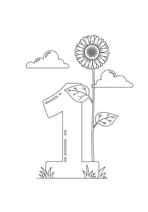 A playful illustration of the number 1 with a single sunflower standing tall and a few clouds in the sky