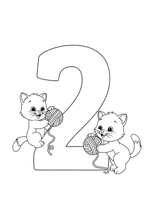 A cheerful scene featuring the number 2 surrounded by two smiling kittens playing with yarn balls