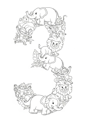 A playful scene of animals like monkeys, elephants, and lions forming the shape of the number in a jungle setting