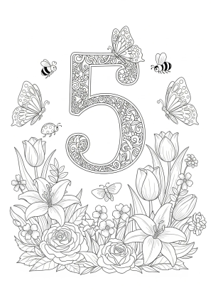 A whimsical garden with flowers, butterflies, and insects surrounding and interacting with a large, decorative number