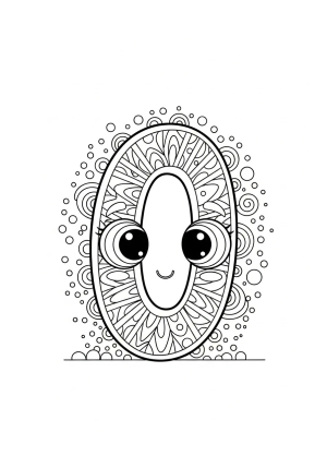 An adorable zero character with big expressive eyes, surrounded by fun, whimsical patterns and dots.