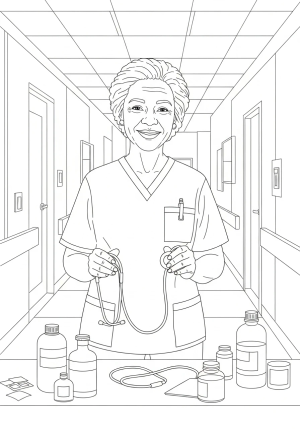 A cheerful nurse in a scrubs uniform holding a stethoscope with medical supplies around her, standing in a hospital corridor