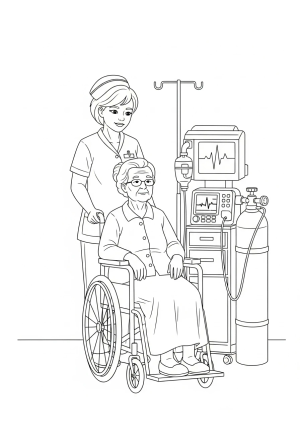 A caring nurse gently helping an elderly patient in a wheelchair with medical equipment nearby
