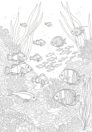 A lively underwater scene featuring various fish, coral reefs, and seaweed swaying with the current.