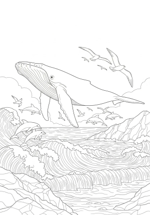 A majestic ocean scene with a large whale swimming near the surface, surrounded by dolphins, seagulls, and waves crashing on the shore.