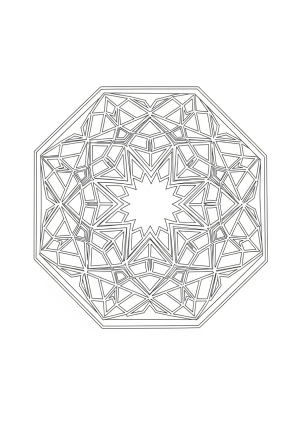 A symmetrical octagon with intricate geometric patterns filling the interior, perfect for coloring.