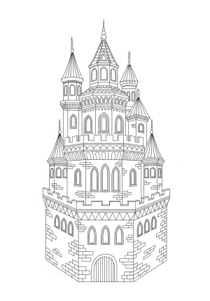 A whimsical octagon-shaped castle with towers and decorative details, ready to be brought to life with colors.