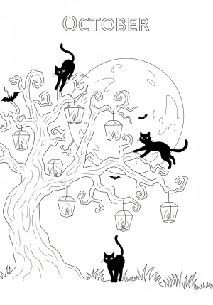 An October calendar scene with a harvest moon illuminating a silhouette of a spooky tree with hanging lanterns and playful black cats