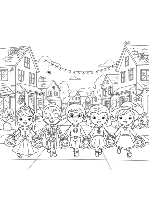 A cheerful group of children wearing Halloween costumes, holding trick-or-treat bags and walking down a decorated neighborhood street.