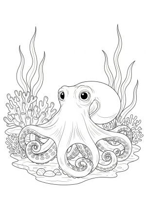 A friendly octopus with big expressive eyes sitting among coral reefs and swaying seaweed.