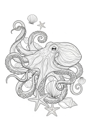 An intricate octopus design with detailed swirling tentacles exploring a vibrant underwater scene with seashells and sea stars.