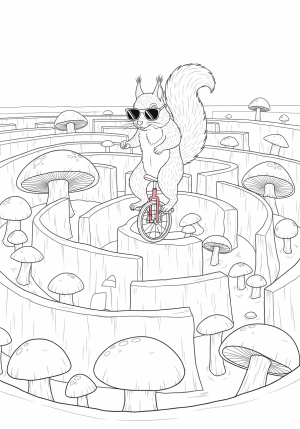 A whimsical scene featuring a squirrel wearing sunglasses riding a unicycle through a maze of oversized mushrooms.