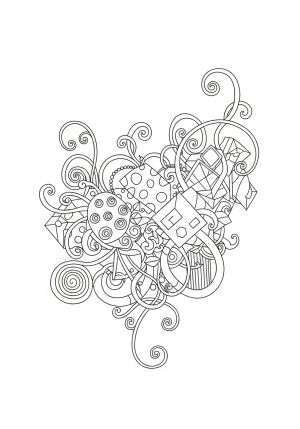 An abstract collection of floating geometric shapes interwoven with strange, tangled vines and spirals.