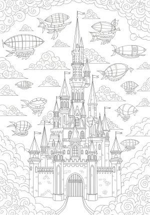 A detailed fantasy castle surrounded by floating airships and whimsical clouds in a magical skyline