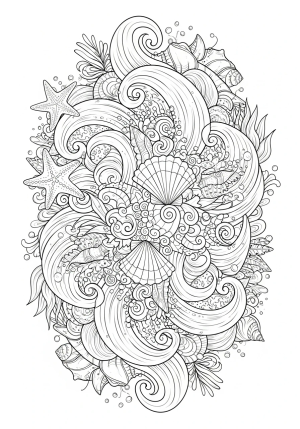 An intricate pattern of swirling ocean waves decorated with various seashells, starfish, and aquatic plants