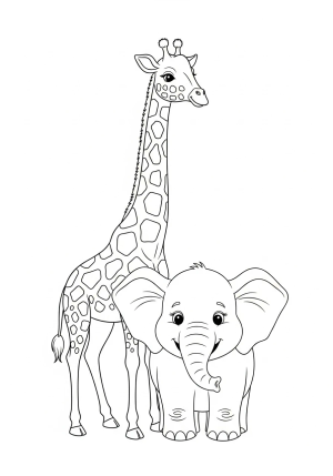 A tall giraffe standing beside a short, stout elephant with a wide smile.