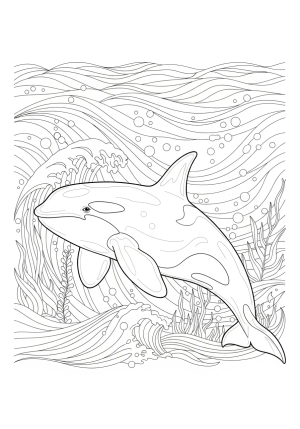 A majestic orca whale swimming gracefully through ocean waves with detailed marine plants and bubbles surrounding it