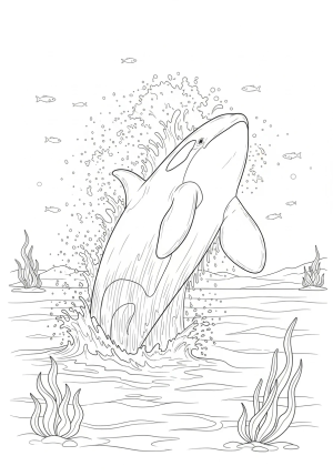 An orca whale breaching the surface of the water with spray and splashes, surrounded by seaweed and distant aquatic life