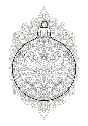 A detailed ornate Christmas ornament with intricate patterns and surrounding decorative elements