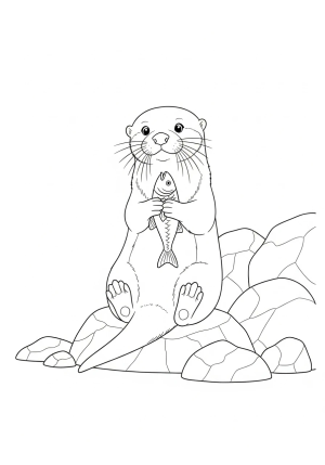 An adorable otter sitting upright on a rocky riverbank, holding a small fish with a curious expression on its face