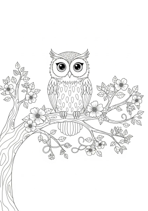 A whimsical owl with large expressive eyes sitting atop a lush tree branch filled with blooming flowers and vines