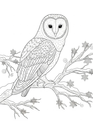 An intricately detailed owl perched on a snowy branch surrounded by swirling winter patterns