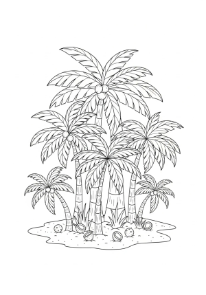 A whimsical scene featuring a group of palm trees with varying heights and intricate leaf patterns, surrounded by sandy ground and scattered coconuts.