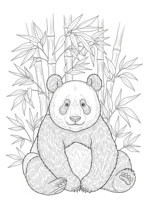 A adorable panda bear sitting comfortably among bamboo stalks with detailed fur texture and lush leaves in the background