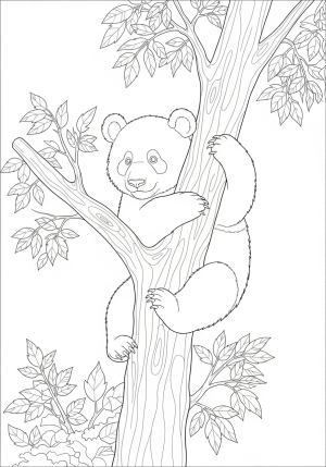 A playful panda cub climbing a tree branch, with intricate details of the tree bark and surrounding foliage