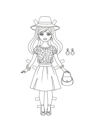 A whimsical paper doll with long flowing hair, a stylish top, skirt, and accessories, ready for outfit changes with easily removable parts.