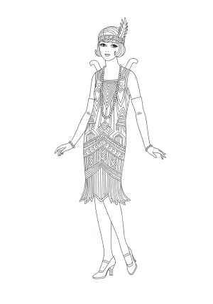 A vintage paper doll in a stylish 1920s flapper dress with intricate patterns and accessories.