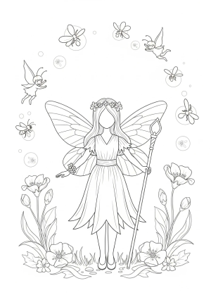 A whimsical paper doll dressed as a fairy with flowing wings and a magical staff, surrounded by enchanted elements.