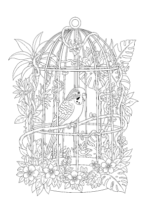 A playful parakeet sitting inside a lush tropical cage filled with vines and flowers.