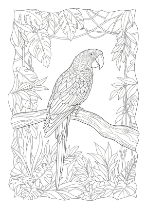 A detailed illustration of a tropical parrot perched on a branch surrounded by lush jungle foliage