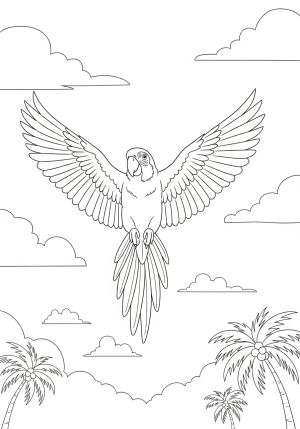 A playful parrot with its wings spread wide, soaring through a sky filled with clouds and palm trees in the background