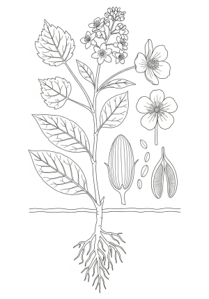 A detailed illustration showcasing the different parts of a plant, including the roots, stem, leaves, flowers, and seeds, all in a clear and simple line art style.