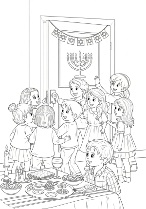 A detailed scene of children opening the door to welcome the Passover guests, with a festive table set nearby.