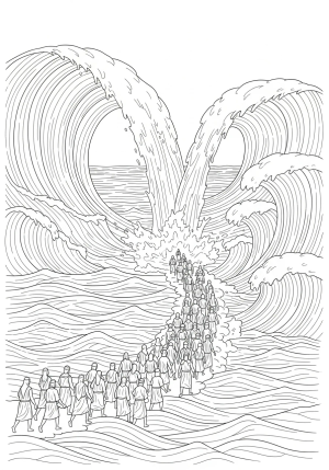 An intricate depiction of the story of the parting of the Red Sea, with waves towering and Israelites crossing on dry land.