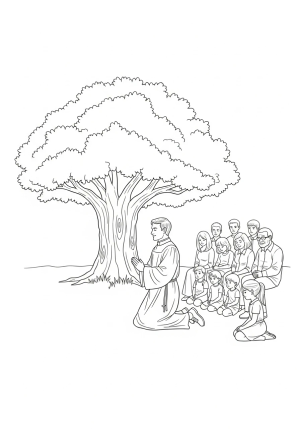 A peaceful scene of a pastor praying under a large tree with a congregation listening attentively in the background.