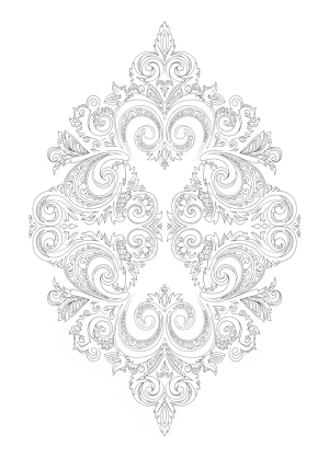 An intricate pattern of swirling floral motifs with symmetrical, repetitive elements.