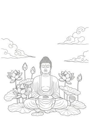 A serene meditation scene featuring a peaceful Buddha statue surrounded by blooming lotus flowers and gentle clouds in a tranquil setting