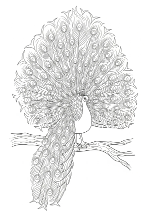 A majestic peacock standing on a branch with its tail feathers fanned out in intricate patterns.